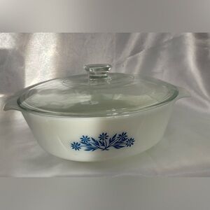 Anchor Hocking Fire King ovenware blue flower pattern on white milk glass